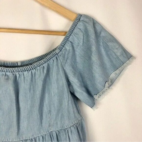 Zara Light Chambray Blue Off The Shoulder Short Sleeve Blouse S - Picture 3 of 4